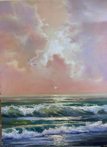 Картина под названием "Чайки над морем" - Наталья Белякова, Подлинное произведение искусства, Масло