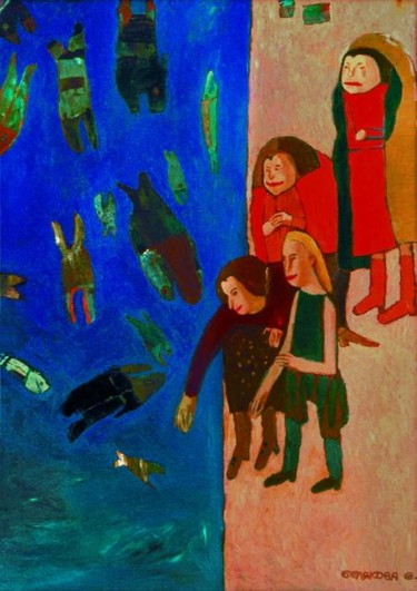 Картина под названием "People and fishes" - Elena Belyakova, Подлинное произведение искусства