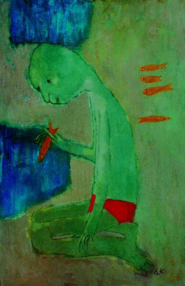 Картина под названием "a boy and fishes" - Elena Belyakova, Подлинное произведение искусства