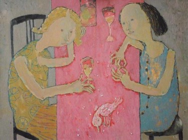 Картина под названием "two women and a bird" - Elena Belyakova, Подлинное произведение искусства