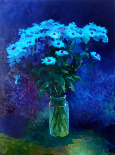 Painting titled "Blue bouquet." by Denis Bely, Original Artwork, Oil