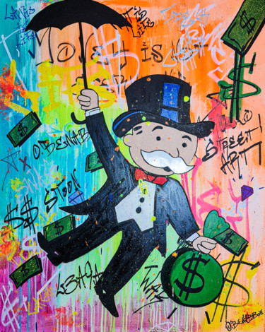 Painting titled "umbrella moneybags" by Oussama Benabbou, Original Artwork, Spray paint Mounted on Wood Stretcher frame