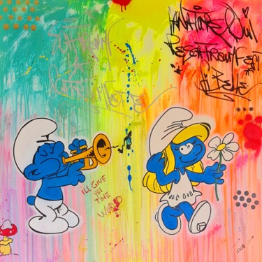 Painting titled "Smurfs love" by Oussama Benabbou, Original Artwork, Spray paint