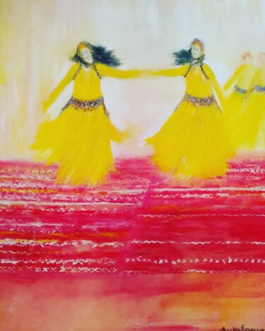 Painting titled "Danse berbère" by Benaceur Ourkia, Original Artwork, Oil Mounted on Wood Stretcher frame