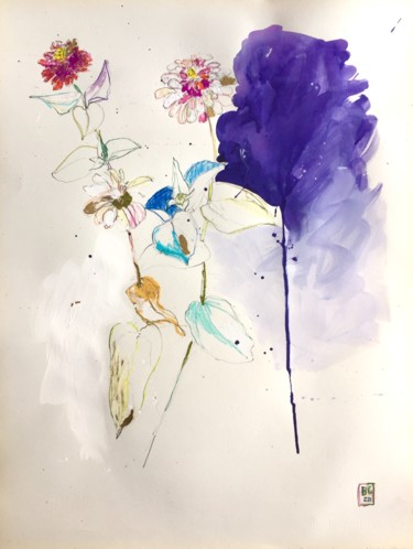 Painting titled "Flower Power 1" by Benedicte Caillat, Original Artwork, Gouache