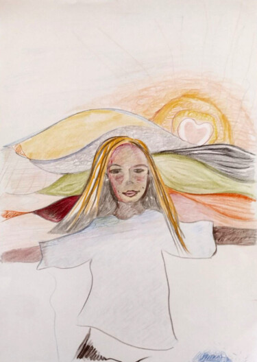 Disegno intitolato "fille soleil béné" da Bénédicte Mathieu Labrot, Opera d'arte originale, Matita