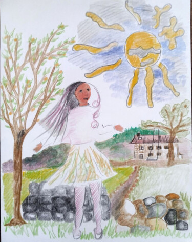 Disegno intitolato "Fille soleil stylée…" da Bénédicte Mathieu Labrot, Opera d'arte originale, Matita