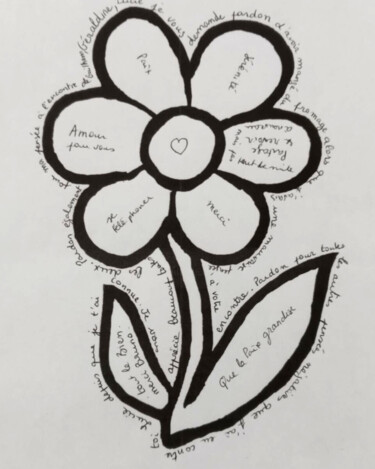 Drawing titled "fleur texte béné" by Bénédicte Mathieu Labrot, Original Artwork, Pencil