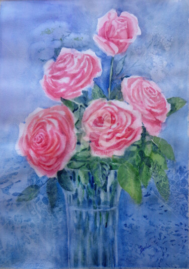 Painting titled "Jarron con Rosas" by Benilde, Original Artwork, Watercolor