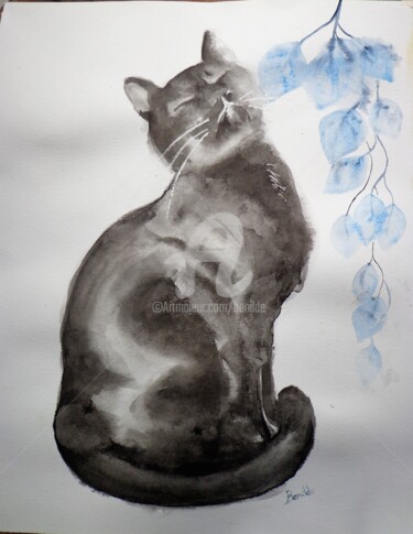 Peinture intitulée "Gato en tinta China" par Benilde, Œuvre d'art originale, Aquarelle