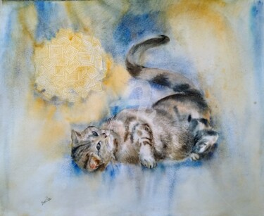 Pintura intitulada "Gato tiempo de juego" por Benilde, Obras de arte originais