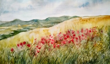 Painting titled "Campo de amapolas" by Benilde, Original Artwork, Watercolor