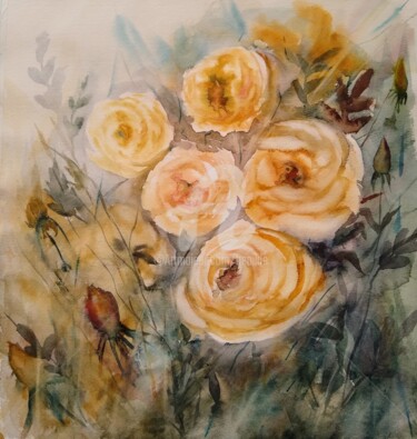 Painting titled "Rosas amarillas" by Benilde, Original Artwork, Watercolor