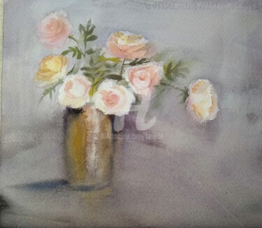 Painting titled "Rosas frescas" by Benilde, Original Artwork, Watercolor