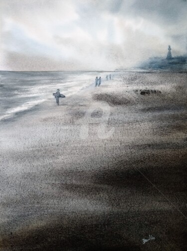 Painting titled "Playa entre grises" by Benilde, Original Artwork, Watercolor