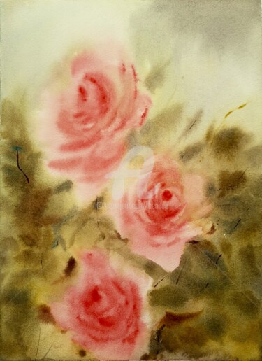 Peinture intitulée "Rosas en humedo" par Benilde, Œuvre d'art originale, Aquarelle