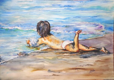 Peinture intitulée "La niña y el mar" par Benilde, Œuvre d'art originale, Aquarelle