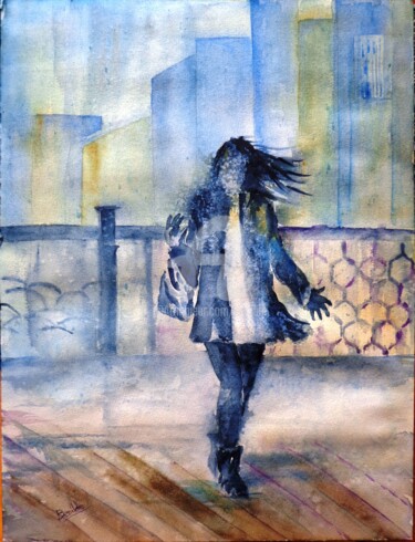 Pintura titulada "Huyendo de la lluvia" por Benilde, Obra de arte original, Acuarela
