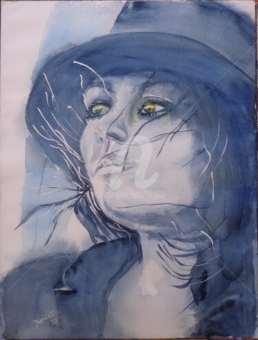 Painting titled "Mujer Azul al viento" by Benilde, Original Artwork, Watercolor