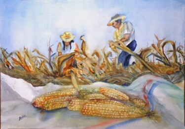 Painting titled "La cosecha de maíz" by Benilde, Original Artwork, Watercolor Mounted on Wood Panel