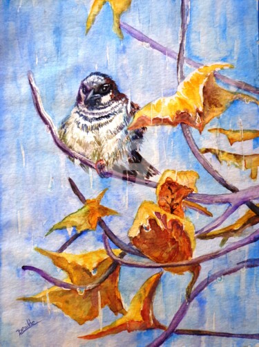 Pintura titulada "El pájaro en la llu…" por Benilde, Obra de arte original, Acuarela