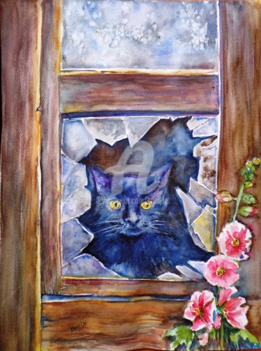 Pintura titulada "El Gato en la Venta…" por Benilde, Obra de arte original, Acuarela
