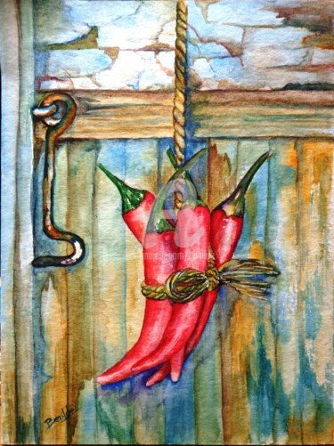 Painting titled "Aldaba y Chiles" by Benilde, Original Artwork, Watercolor