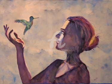 Malerei mit dem Titel "La dama y el colibrí" von Benilde, Original-Kunstwerk, Aquarell