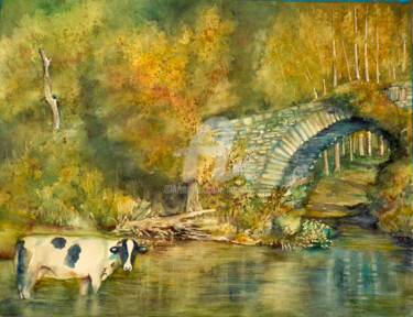 Painting titled "Paisaje Puente de B…" by Benilde, Original Artwork, Watercolor