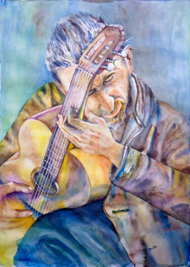 Painting titled "Guitarrista" by Benilde, Original Artwork, Watercolor