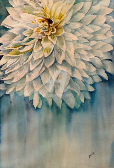 Pintura intitulada "Flor en azul" por Benilde, Obras de arte originais, Aquarela