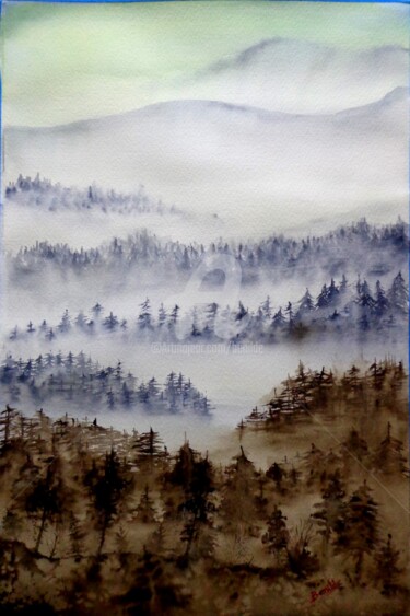 Malerei mit dem Titel "Horizontes y Bosques" von Benilde, Original-Kunstwerk, Aquarell