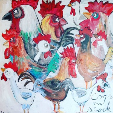 Painting titled "Coqs en stock" by Benis, Original Artwork, Acrylic