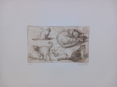 Gravures & estampes intitulée "I gatti del mio gia…" par Benito Lizza, Œuvre d'art originale, Eau-forte