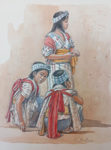 Pittura intitolato "Famiglia mongola" da Benito Lizza, Opera d'arte originale, Acquarello