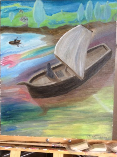 Peinture intitulée "la pêche" par Dumay Benjamin, Œuvre d'art originale, Huile