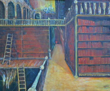 Painting titled "Biblio-Cathédrale #1" by Ben J. Gross, Original Artwork, Oil