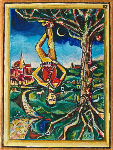 Painting titled "12. The Hanged Man" by Ben J. Gross, Original Artwork, Oil