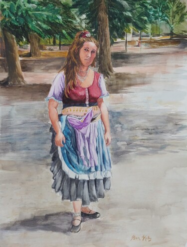 Pintura intitulada "Gypsy Girl" por Benjamin Kelley, Obras de arte originais, Aquarela