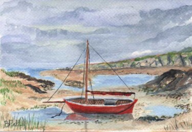 Pintura intitulada "bateau-sur-plage" por Benjamin Petit, Obras de arte originais, Aquarela