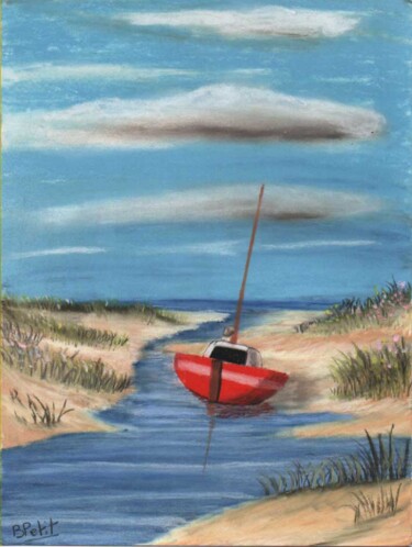 Pintura intitulada "voilier rouge" por Benjamin Petit, Obras de arte originais, Pastel