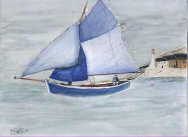 Painting titled "voilier-bleu" by Benjamin Petit, Original Artwork, Watercolor