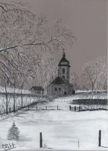 Painting titled "église-sous-la-neig…" by Benjamin Petit, Original Artwork, Pastel