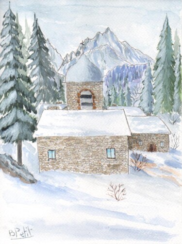Painting titled "village l'hiver" by Benjamin Petit, Original Artwork, Watercolor