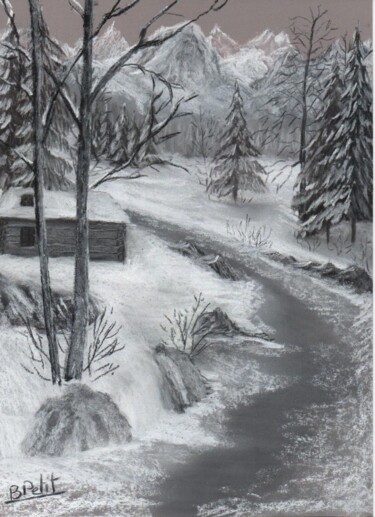 Painting titled "rivière et neige" by Benjamin Petit, Original Artwork, Pastel