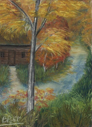 Schilderij getiteld "chemin-d'automne" door Benjamin Petit, Origineel Kunstwerk, Pastel