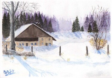 Painting titled "Ferme et neige" by Benjamin Petit, Original Artwork, Watercolor