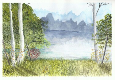Pintura intitulada "Lac calme" por Benjamin Petit, Obras de arte originais, Aquarela