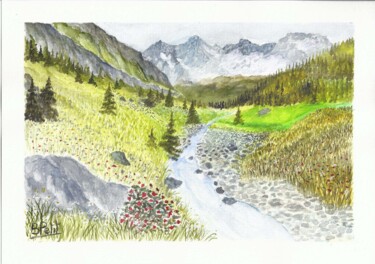 Painting titled "Alpage" by Benjamin Petit, Original Artwork, Watercolor