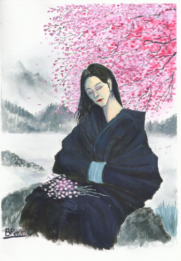 Schilderij getiteld "Femme aux fleurs" door Benjamin Petit, Origineel Kunstwerk, Inkt